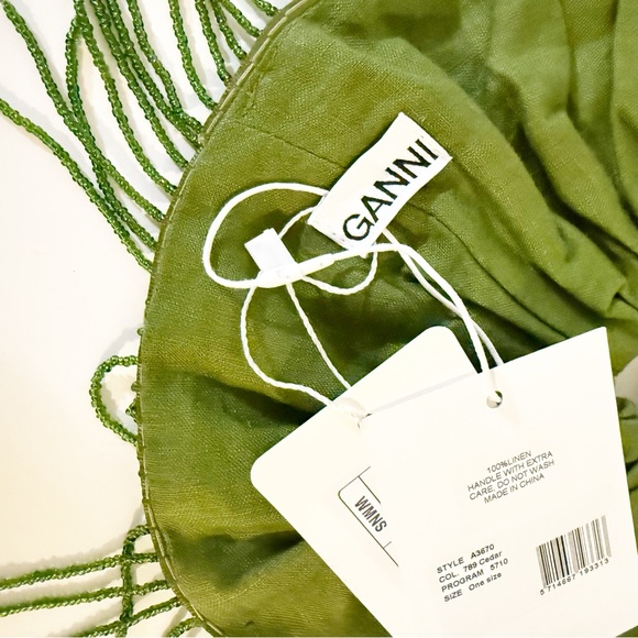 NWT Ganni Fringed Bead-Embellished Linen Hair Scrunchie Tie in Chartreuse Green - Picture 8 of 8